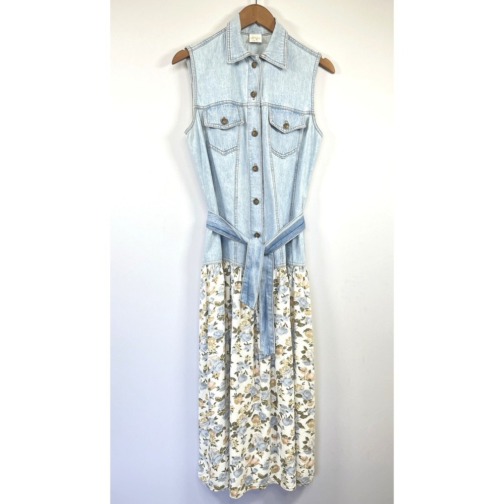 Vintage 90s Floral Sleeveless Denim Boho Dress Size M Belted Cottagecore Western
